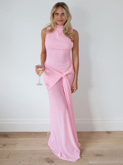 Women Clothing Solid Color Sleeveless Stand up Collar Slim Fit Embellished Pleated A line Maxi Dress