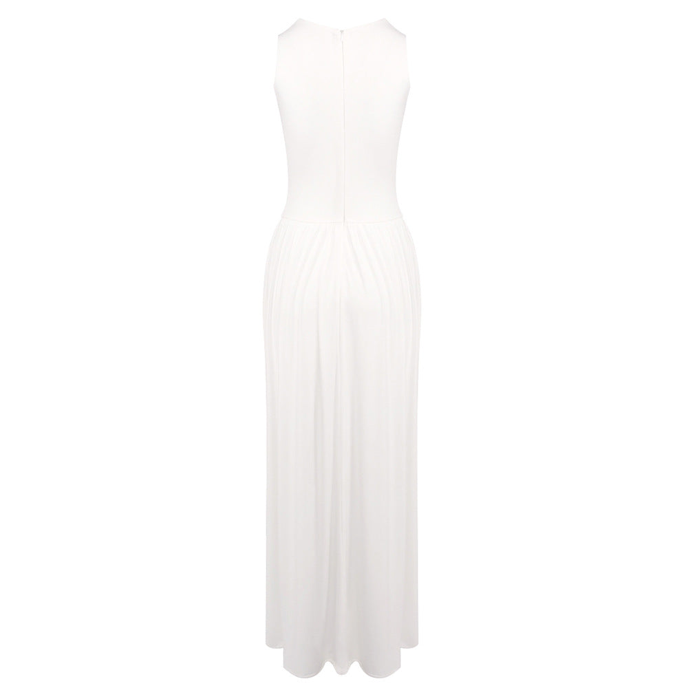 Hip Dress Summer Solid Color Dress round Neck Sleeveless Split Irregular Asymmetric Maxi Dress