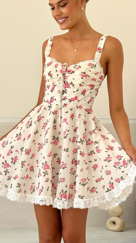 Women Sweet French Lace Stitching Personality Sling Dress V neck Slim A line Dress