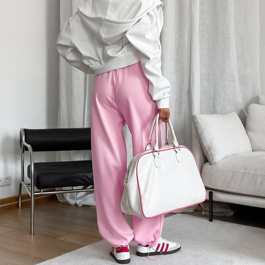 Waist Head Contrast Color Lace up Low Waist Sports Pants Autumn Winter Trousers - Iyanka