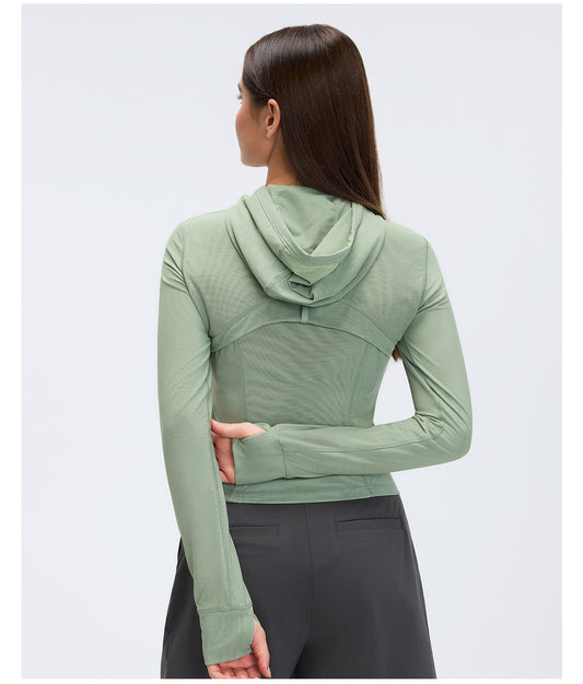 Breathable Mesh Hooded Yoga Jacket Naked Women Sense Slim Fit Slimming Zipper Running Sports Fitness Jacket