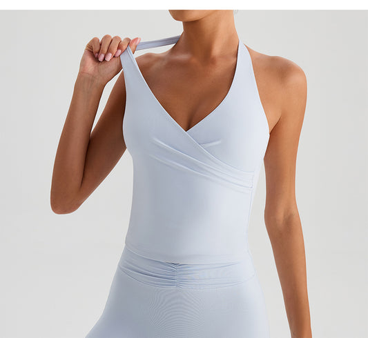 V neck Halter Sling Yoga Clothing Top Women Push up with Breast Pads Nude Feel Slimming Beauty Back Outer Vest - Iyanka