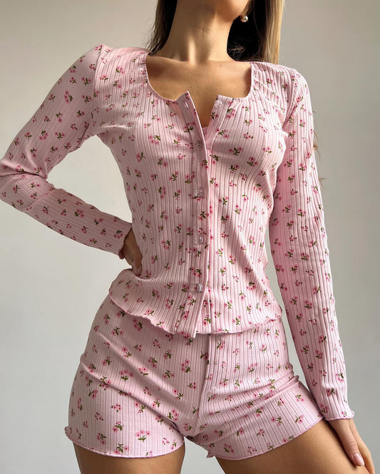 Summer Home Pajamas Knitted Printed Long Sleeve Shorts Three Piece Set Can Be Worn outside - Iyanka