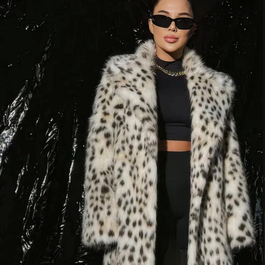 Autumn Winter Leopard Print Women Coat Mid Length Collar Faux Fur Leather Fur Coat - Iyanka