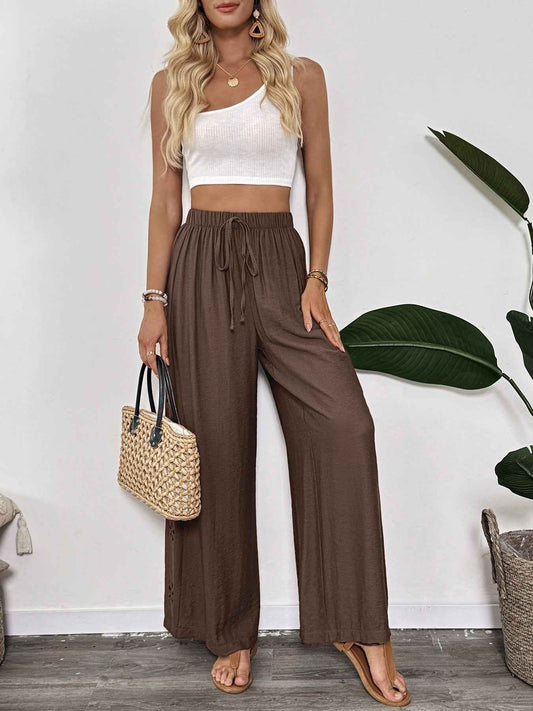 Casual Simple Lace up Embroidery Solid Color Loose Wide Leg Pants Thin Women