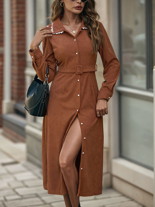 Casual Elegant Retro Lace Collared Shirt Corduroy Dress