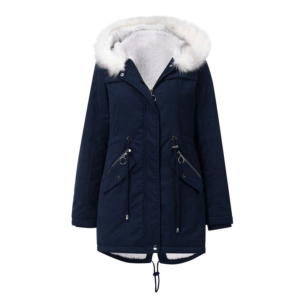 Women Cotton Padded Coat White Fur Collar Parka Mid Length Hooded Winter Warm Velvet Coat Woman Cotton Dress - Iyanka