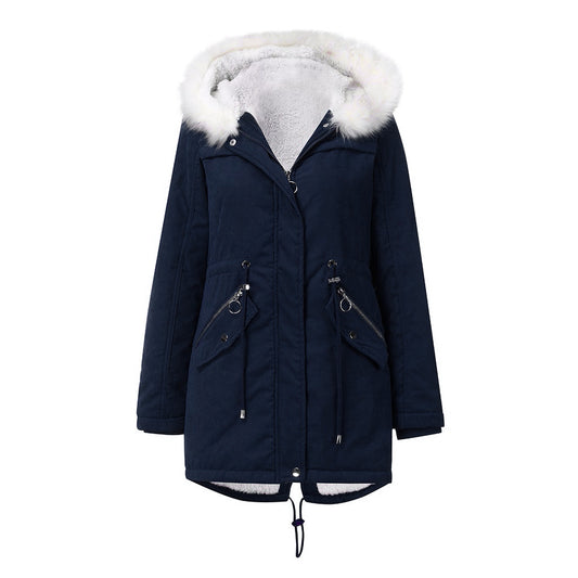 Women Cotton Padded Coat White Fur Collar Parka Mid Length Hooded Winter Warm Velvet Coat Woman Cotton Dress - Iyanka