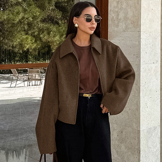 Autumn Winter Polo Collar Long Sleeve Zipper Woolen Coat Loose Casual Women Jacket - Iyanka