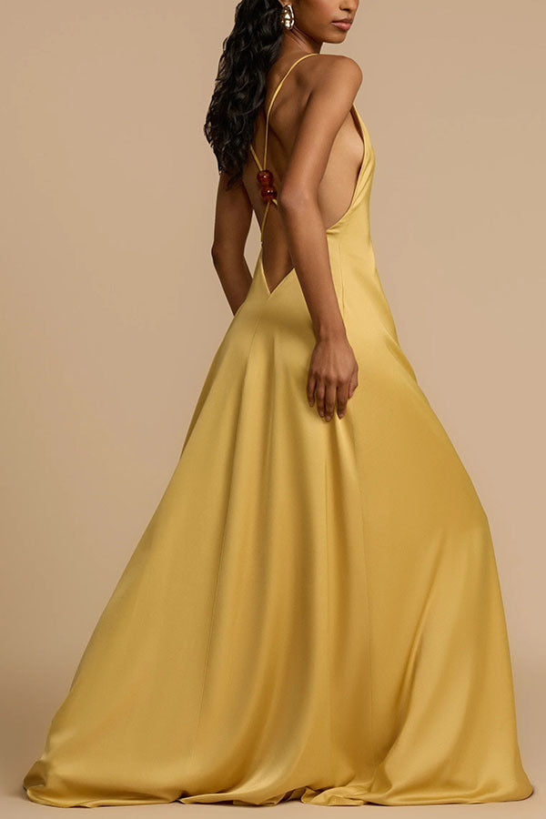 Summer Sexy Backless V neck Satin Maxi Dress Women - Iyanka