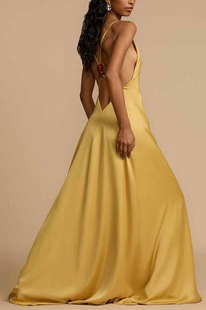 Summer Sexy Backless V neck Satin Maxi Dress Women - Iyanka