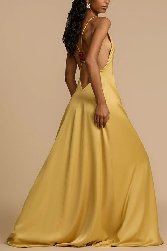 Summer Sexy Backless V neck Satin Maxi Dress Women - Iyanka