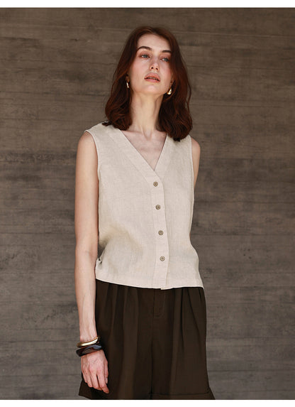 Summer All Linen Women Vests Special Interest Design V neck Sleeveless Top Solid Color Vest - Iyanka