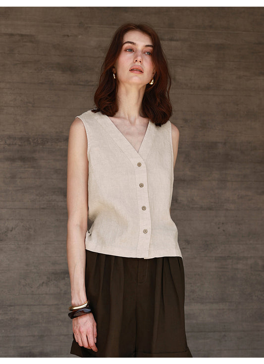Summer All Linen Women Vests Special Interest Design V neck Sleeveless Top Solid Color Vest - Iyanka