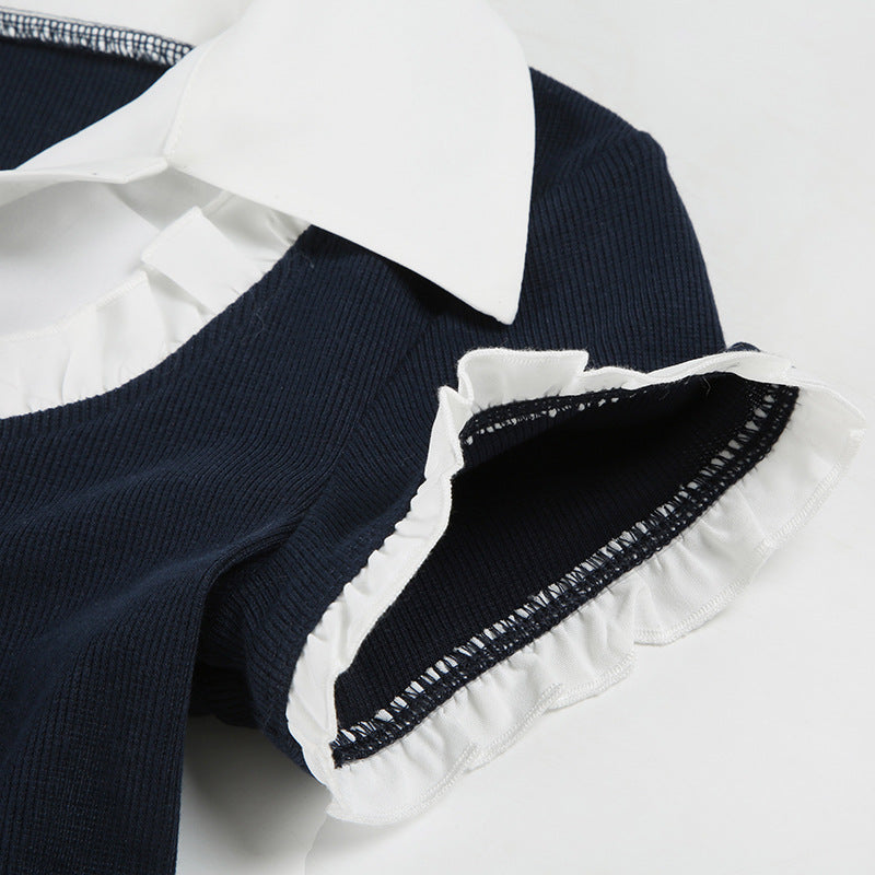 Women Clothing Preppy Collared Shirt Contrast Color Pullover Dress Short Dress Waist Tight A line Pleated Dress