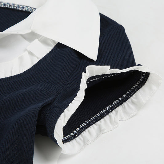Women Clothing Preppy Collared Shirt Contrast Color Pullover Dress Short Dress Waist Tight A line Pleated Dress