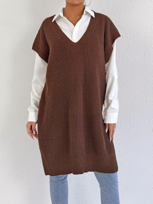 Women Outerwear Vest Women Mid Length Vest Deep V Plunge Loose Casual Sweater Vest Dress(Excluding Belt) - Iyanka