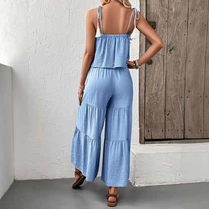 Fresh Air Sling Top Wide Leg Trousers Solid Color Set Two Piece Summer Wear Women - Iyanka