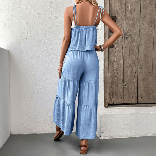 Fresh Air Sling Top Wide Leg Trousers Solid Color Set Two Piece Summer Wear Women - Iyanka