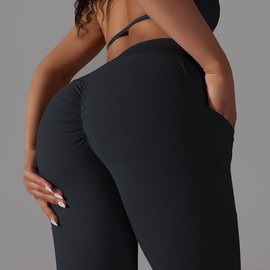 Solid Color Nude Feel Skin Friendly Cross Waist Pocket Yoga Pants High Waist Hip Lift Stretch Fitness Sports Ninth Pants - Iyanka