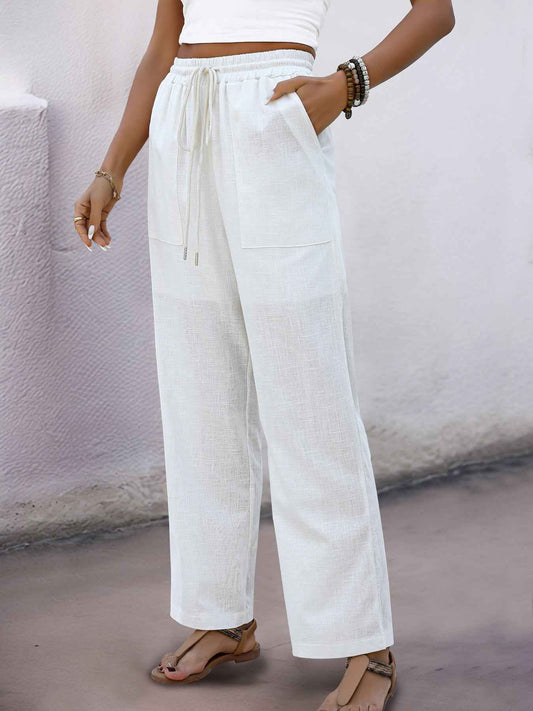 Women’s Summer Elegant White Lace-Up High Waist Trousers