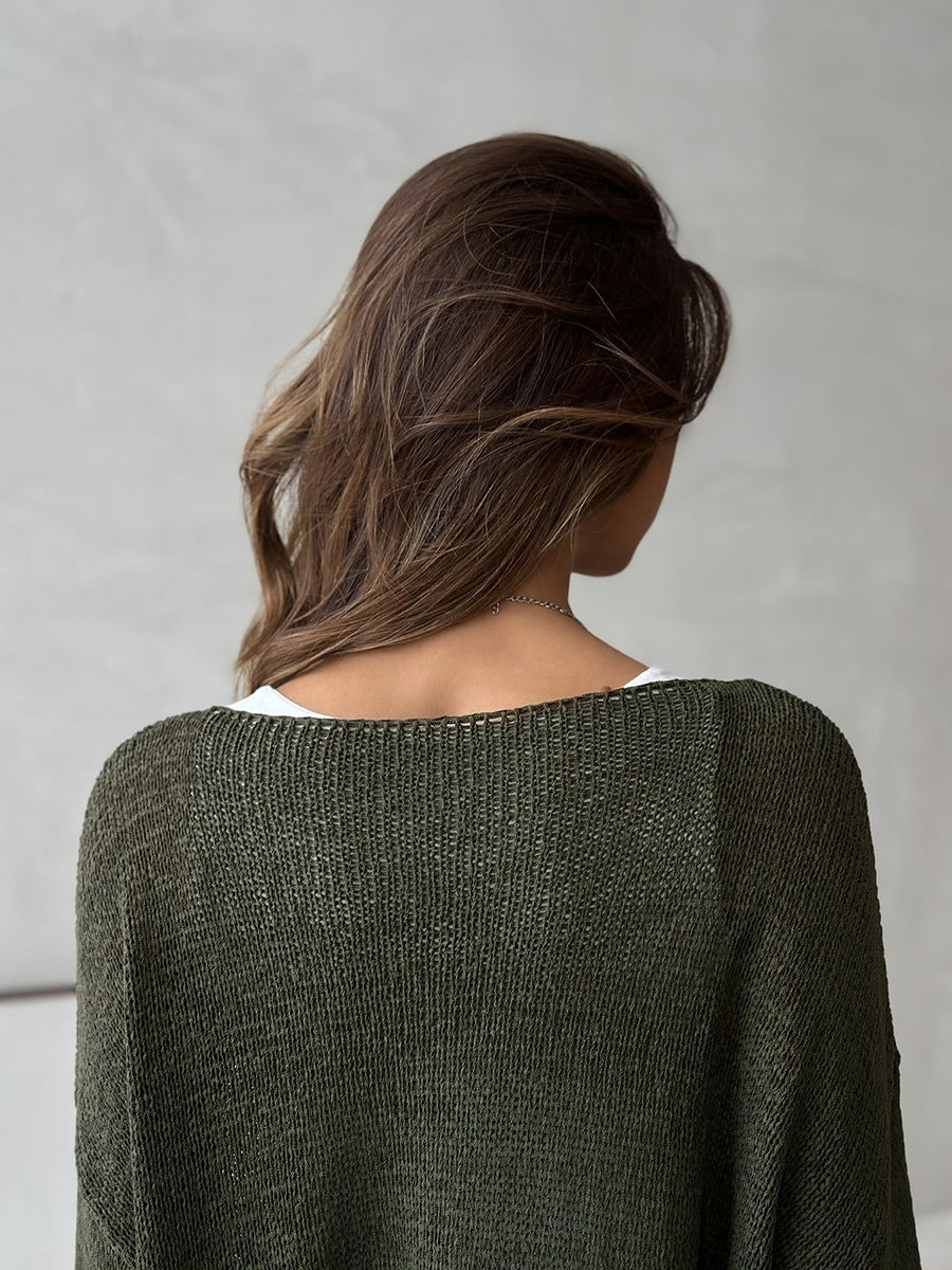 Simple Solid Color Long Sleeved Sweater Spring Knitted Hollow Out Cutout Top Casual Sweater - Iyanka