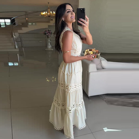 Palace Hollow Out Cutout out Embroidered V neck Slimming Long Sleeveless Dress