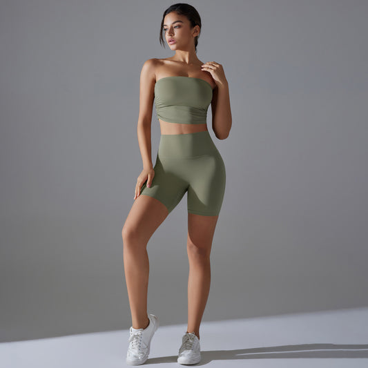 Celebrity One Piece Pleated Tube Top High Waist Hip Lift Zero Sense Wear Free Underwear Sports Shorts Fitness Yoga Set Women - Iyanka