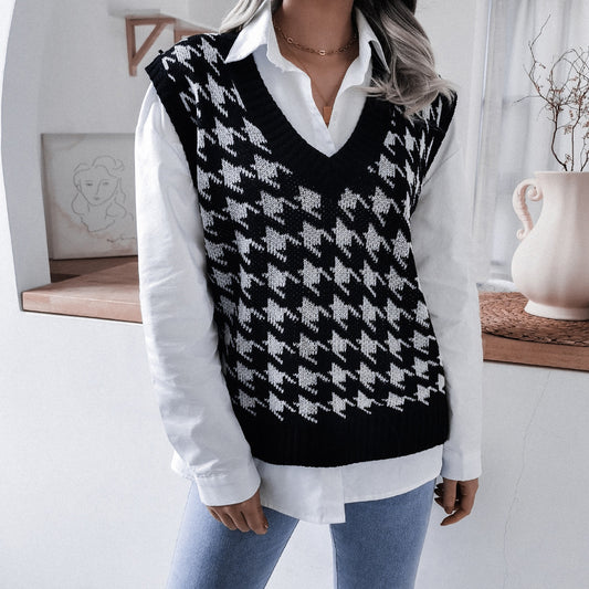 Autumn Winter V-neck Houndstooth Casual Loose Knitted Vest Sweater Waistcoat Women Clothing - Iyanka