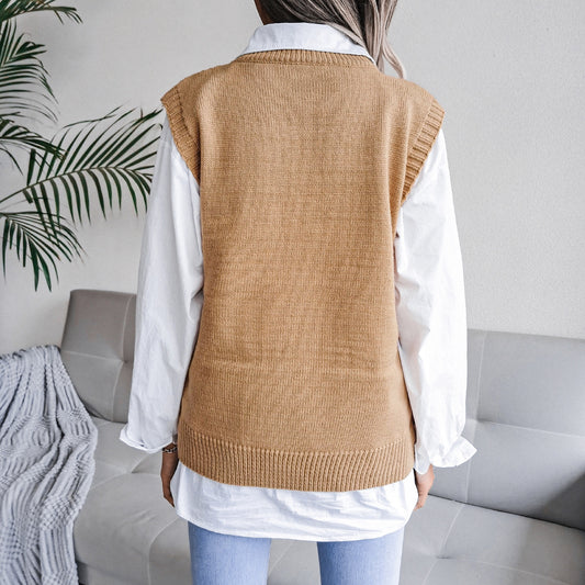 Autumn Winter round Neck Hollow Out Cutout Leaves Casual Knitted Vest Sweater Women Clothing - Iyanka
