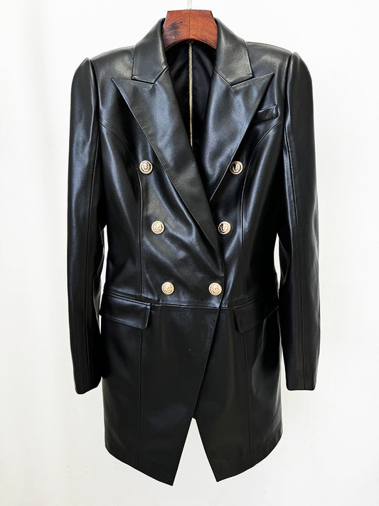 Women Slim Hip Double Breasted Faux Leather Dress - Iyanka