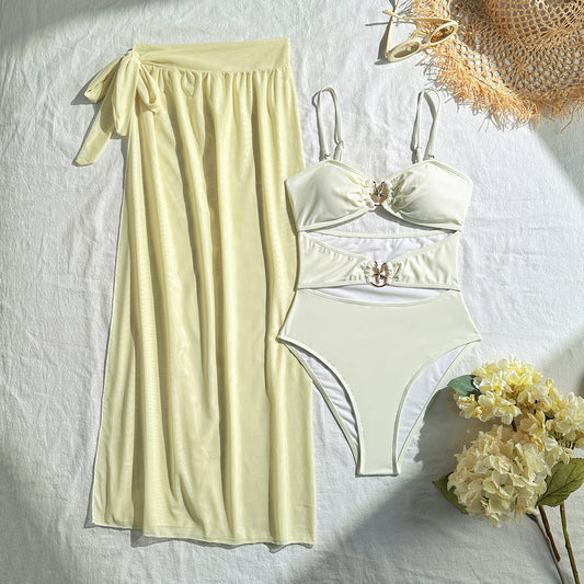 Solid Color Sexy Mesh Maxi Dress Three Piece Sets Swimsuit Bikini Bikini - Iyanka