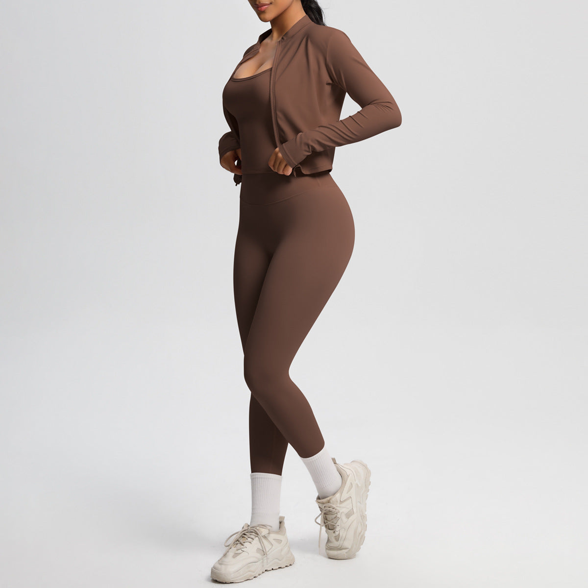 Skinny Yoga Pants High Waist Nude Feel Camisole Sports Zip Long Sleeve Coat Workout Clothes Three Piece Set - Iyanka