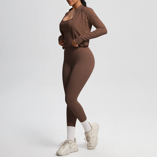 Skinny Yoga Pants High Waist Nude Feel Camisole Sports Zip Long Sleeve Coat Workout Clothes Three Piece Set - Iyanka