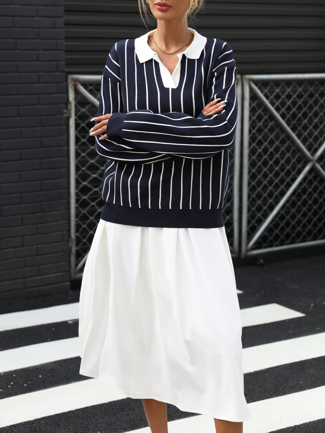 Autumn College Casual Street Trendy Polo Collar Stripes Women Sweater - Iyanka