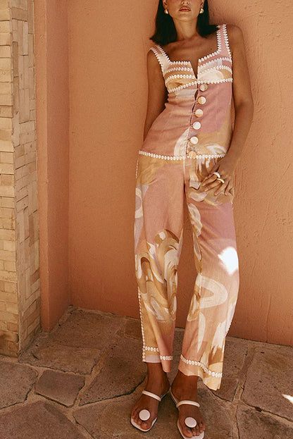 Spring Summer Sleeveless Vest Pants Printing Vacation Pocket Two Piece Set