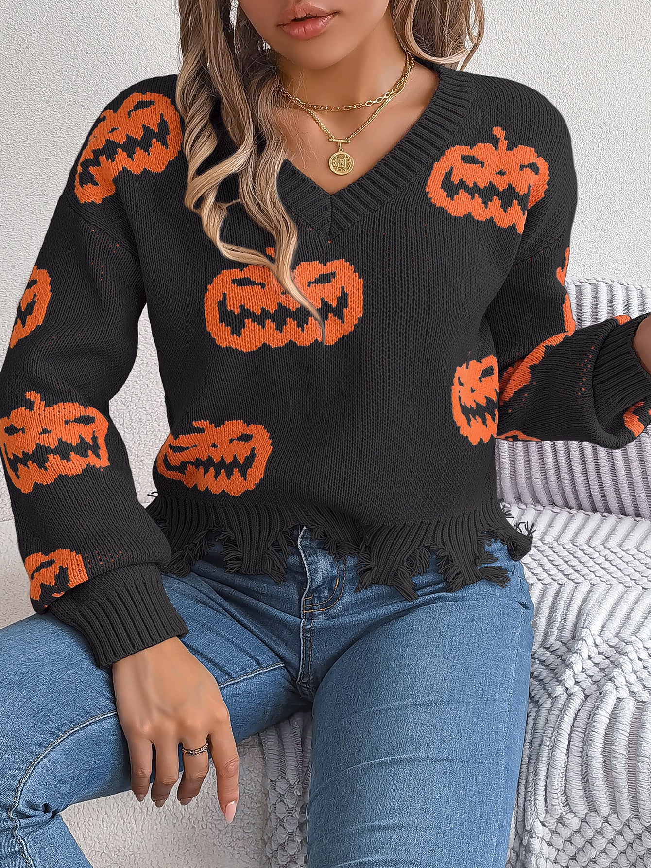 Autumn Winter Halloween Contrast Color Pumpkin Cut Rotten Long Sleeve Pullover Women Clothing - Iyanka