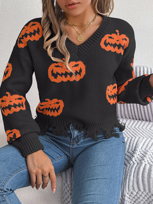 Autumn Winter Halloween Contrast Color Pumpkin Cut Rotten Long Sleeve Pullover Women Clothing - Iyanka