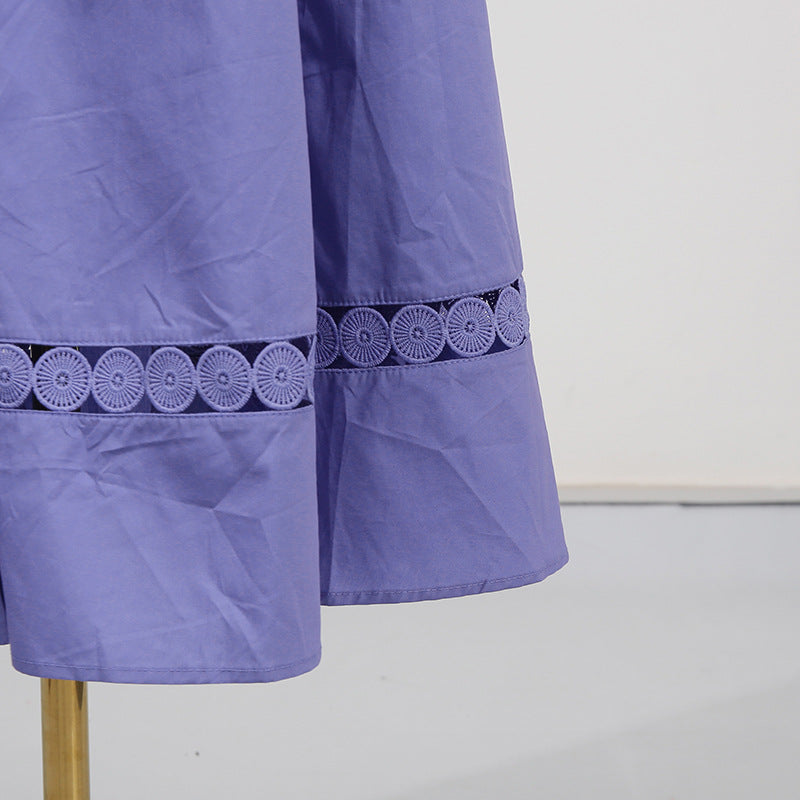 Solid Color Dress Summer Polo Collar Hollow Out Cutout out Belt Waist Trimming Short Sleeved Large Swing Dress Women