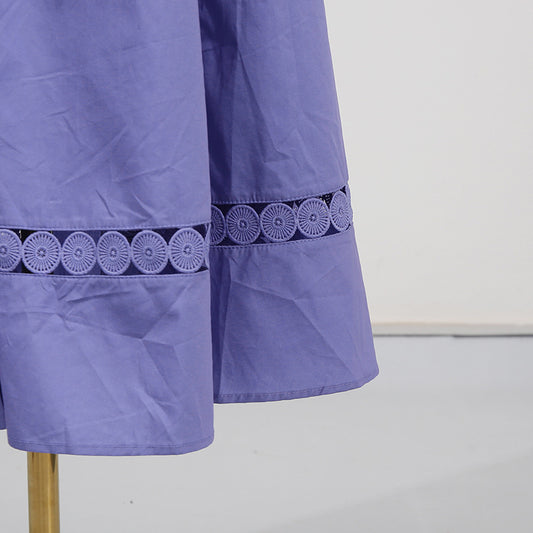 Solid Color Dress Summer Polo Collar Hollow Out Cutout out Belt Waist Trimming Short Sleeved Large Swing Dress Women