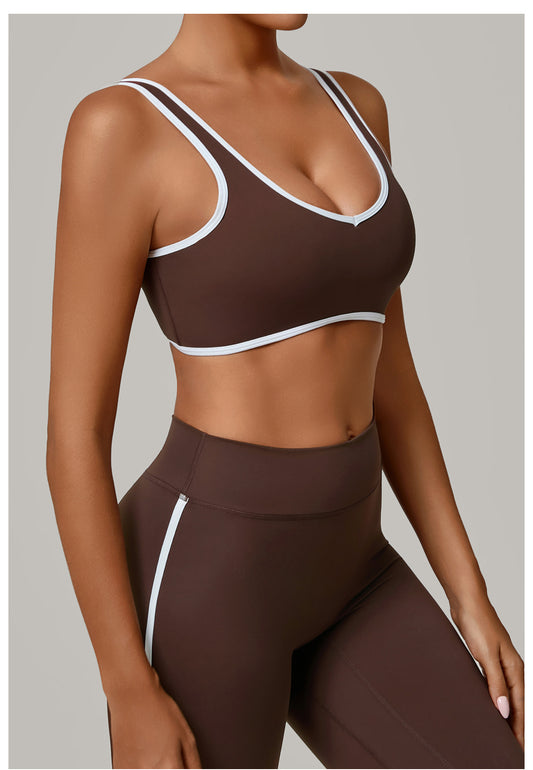 Autumn Sand Contrast Color Wide Shoulder Strap Sports Underwear Shockproof Women One Piece Yoga Bra Outdoor Workout Clothes - Iyanka