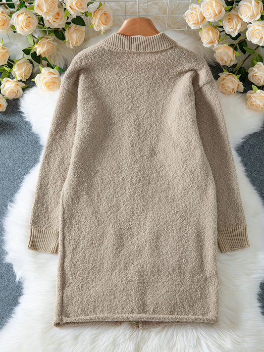 Fall Winter Lazy Wind Drop Shoulder Knitted Cardigan Women Casual Mid Length Cardigan Sweater Women - Iyanka