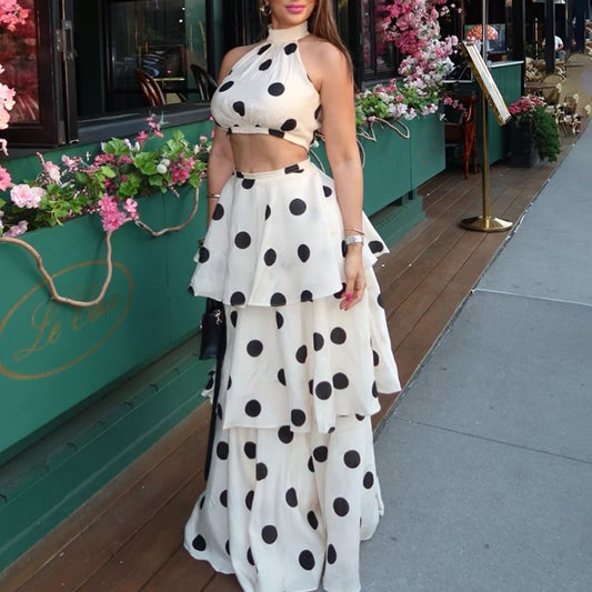 French Polka Dot Sweet Sexy Women ummer Halter Sleeveless Vest High Waist Flounced Skirt Set - Iyanka