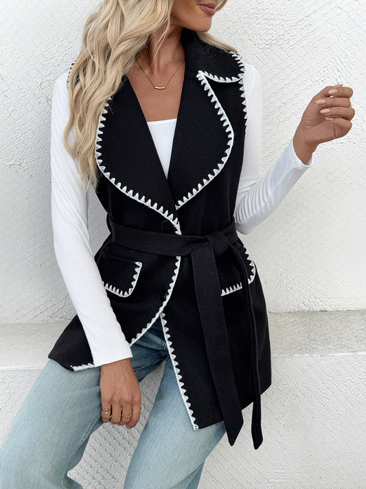 Casual Simple Lace up Cardigan Collared Contrast Color Trim Vest Coat Women - Iyanka