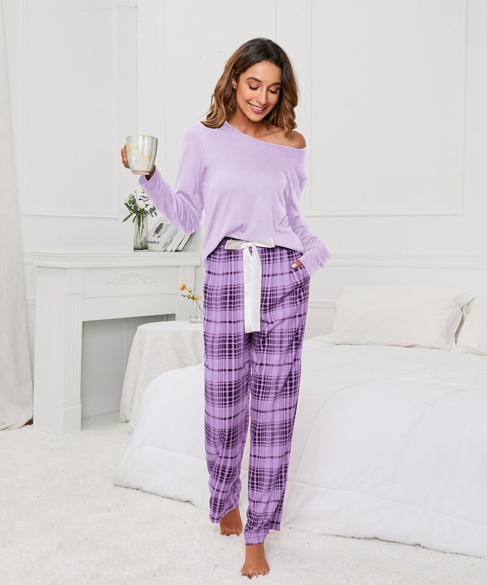 Solid Color round Neck T Printed Checks Women Casual Suit Homewear Pajamas Women - Iyanka
