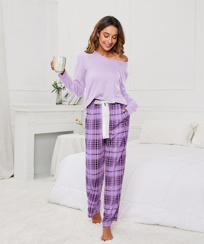 Solid Color round Neck T Printed Checks Women Casual Suit Homewear Pajamas Women - Iyanka