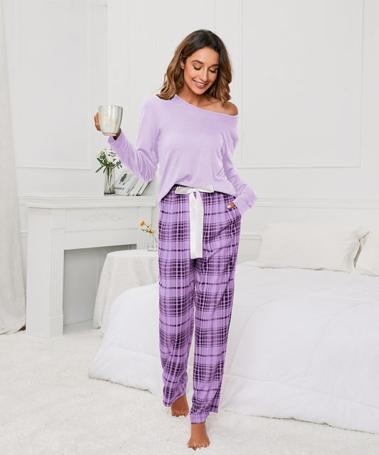 Solid Color round Neck T Printed Checks Women Casual Suit Homewear Pajamas Women - Iyanka