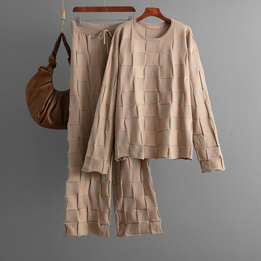 Square Plaid Knitting Women Autumn Winter Loose Fitting Oversized Sweater Casual Wide Leg Pants Two Piece Set - Iyanka