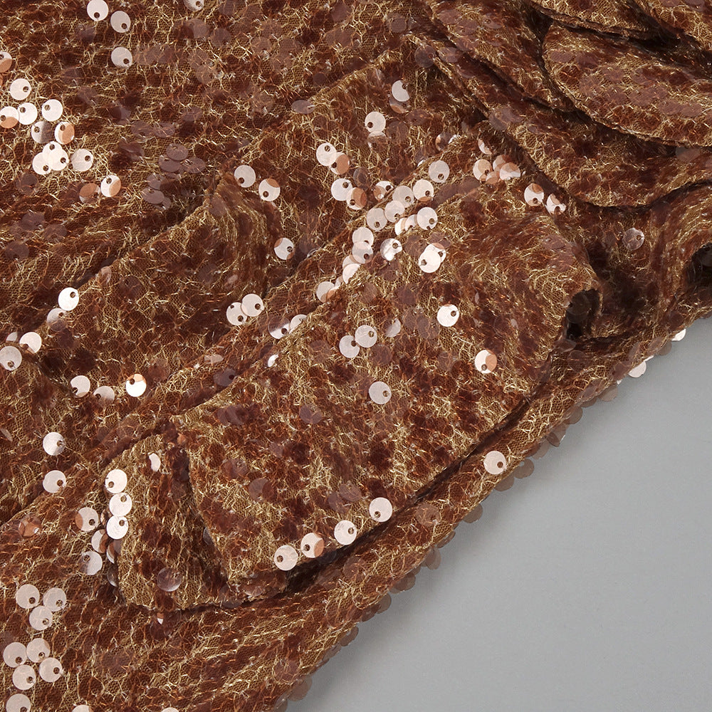 Premium Brown Sequined Evening Dress Three Dimensional Floral Ruffled Design Star Same Slim Fit Dress - Iyanka