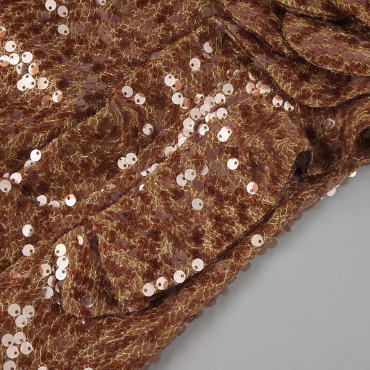 Premium Brown Sequined Evening Dress Three Dimensional Floral Ruffled Design Star Same Slim Fit Dress - Iyanka